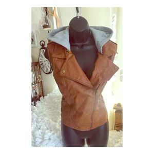 NWT tan faux leather vest w grey hoodie
